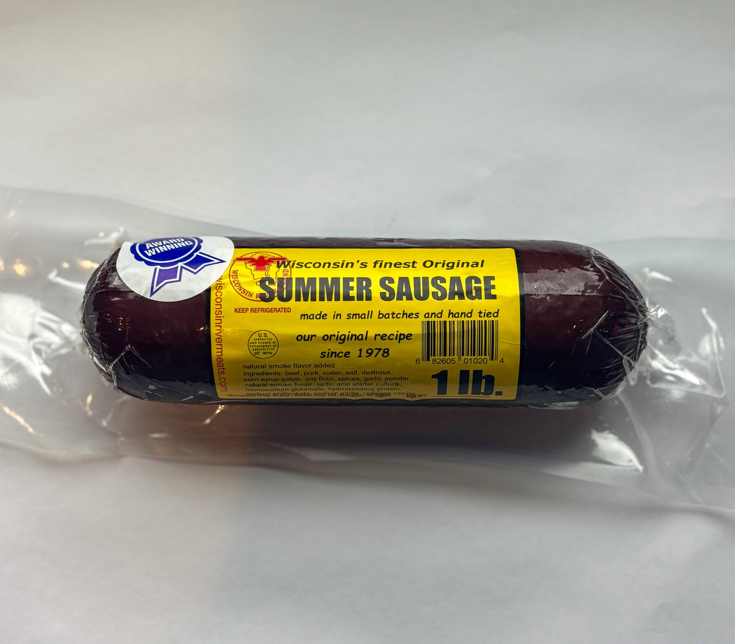 Wisconsin River Meats Summer Sausage – 1 lb vacuum-sealed smoked beef and pork sausage