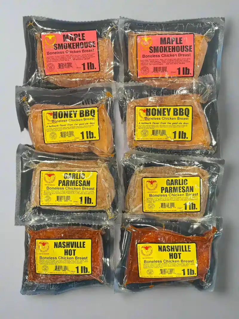 Eight 1 lb vacuum‑sealed flavored chicken breast bundle – ready‑to‑grill Backyard Grill pack with maple smokehouse, garlic parmesan, honey BBQ & Nashville hot