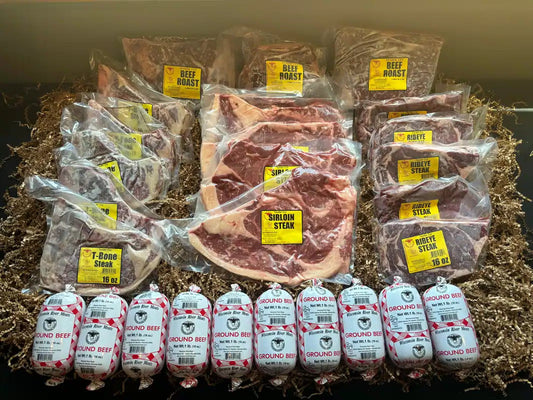 35 lb Badger Beef Bundle – vacuum‑sealed Midwest beef bundle with ribeye, T‑bone, top sirloin, roasts and extra‑lean ground beef, farm‑fresh delivery in select Midwest states