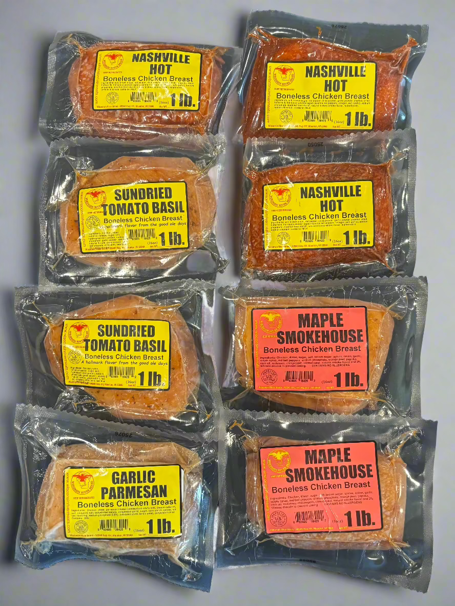 Bold & Spicy Chicken Breast Bundle with assorted fiery marinades, vacuum-sealed and ready to cook today