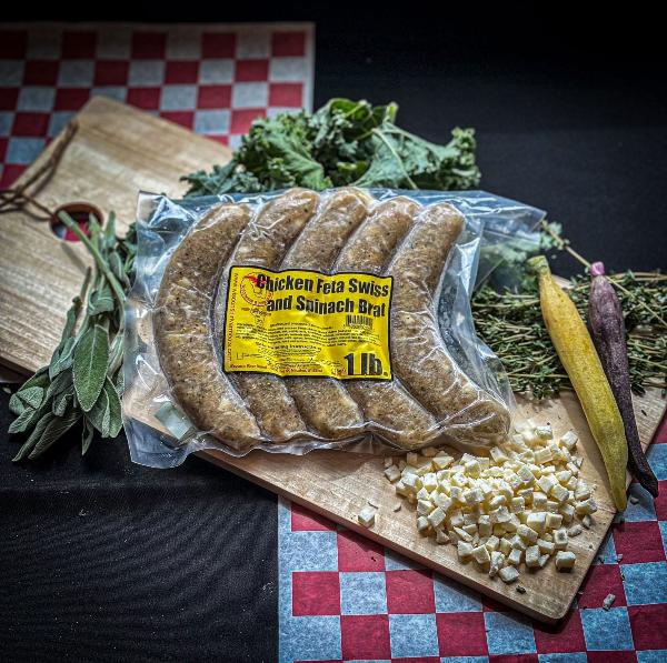 Chicken Bratwurst with Swiss and Feta Cheese from Wisconsin River Meats