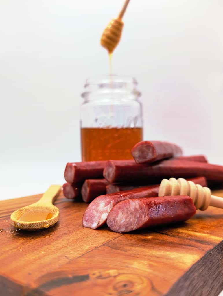 Honey ham snack sticks retail display from Wisconsin River Meats, sweet smoked pork snack sticks