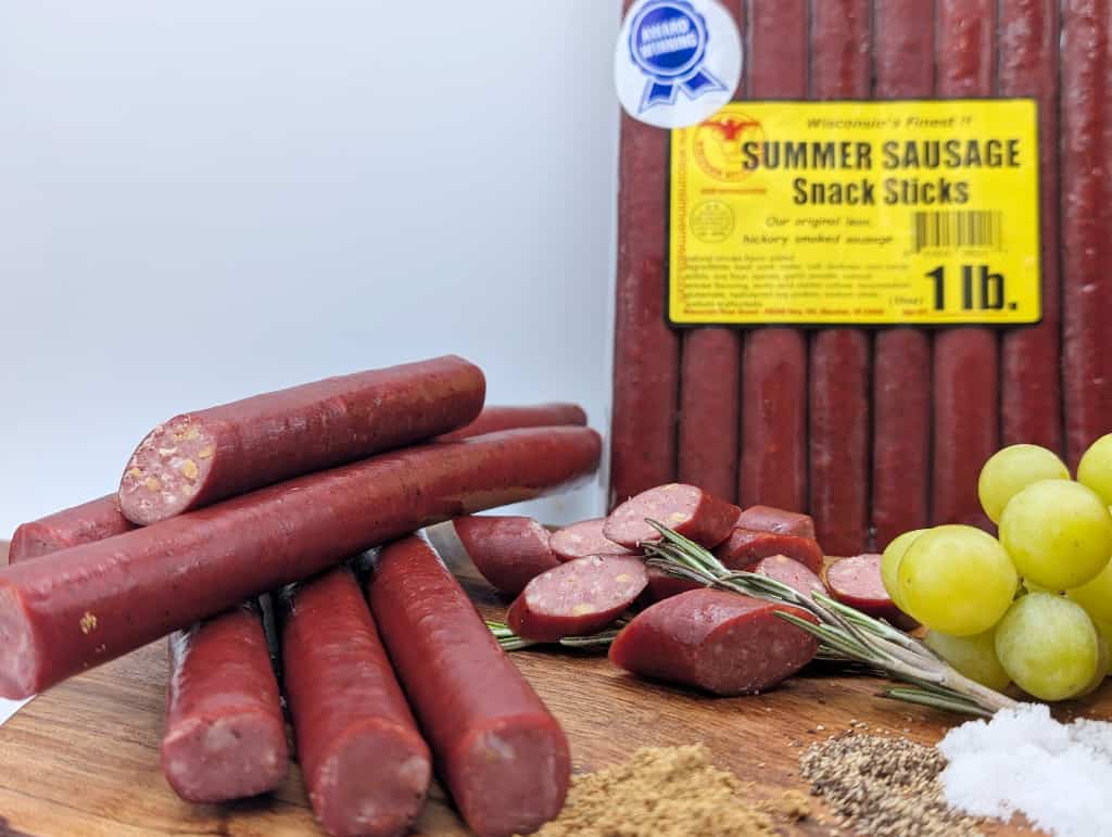 Original beef sticks retail display from Wisconsin River Meats, smoked beef snack sticks