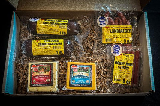 Premium Gift Box, a meat and cheese gift basket with Summer Sausage, Wisconsin Cheese and meat sticks from Wisconsin River Meats