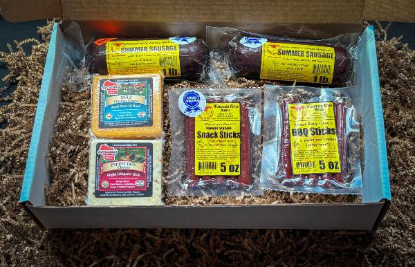 Sausage Sampler Gift Box, a meat & cheese gift basket with 2 each of summer sausage, meat sticks and Wisconsin cheese