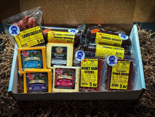 Sausage Sensation Gift Box, almost 6 lbs. of meat & cheese basket goodies from Wisconsin River Meats