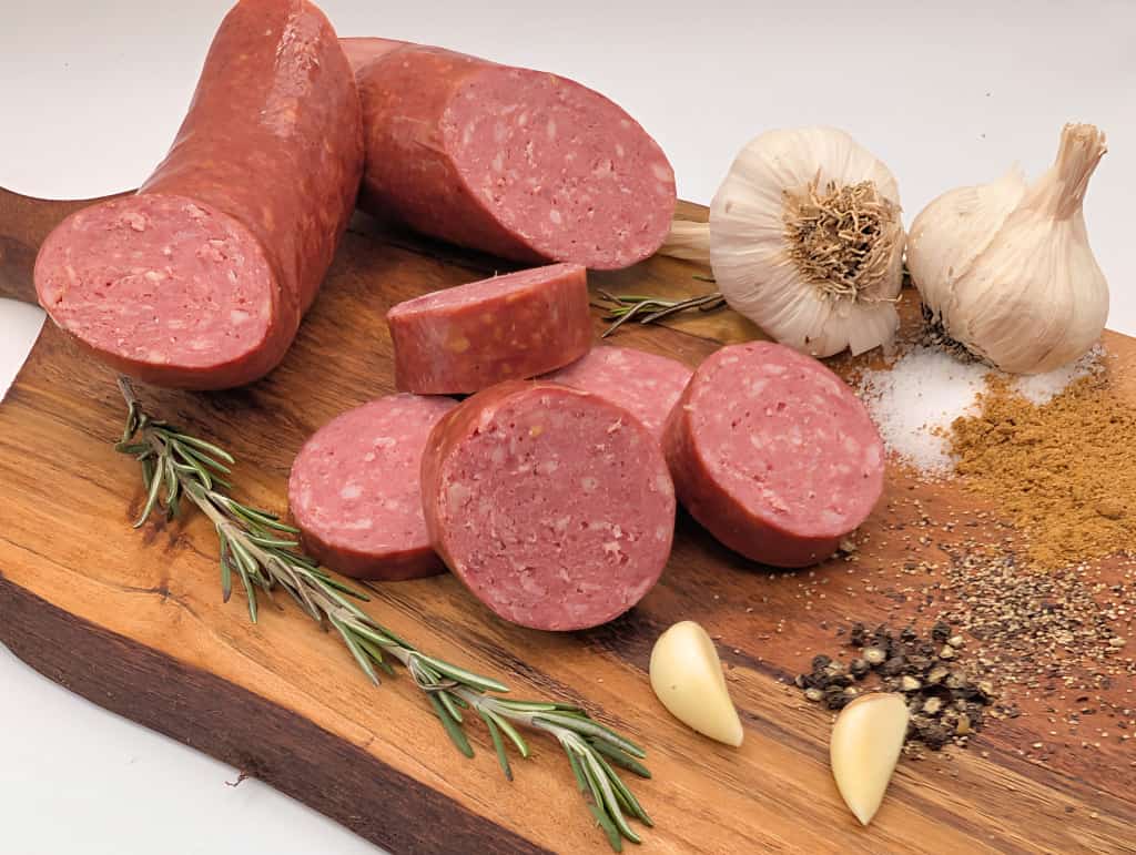 Smoked garlic ring bologna retail display 2 from Wisconsin River Meats, smoked bologna sausage