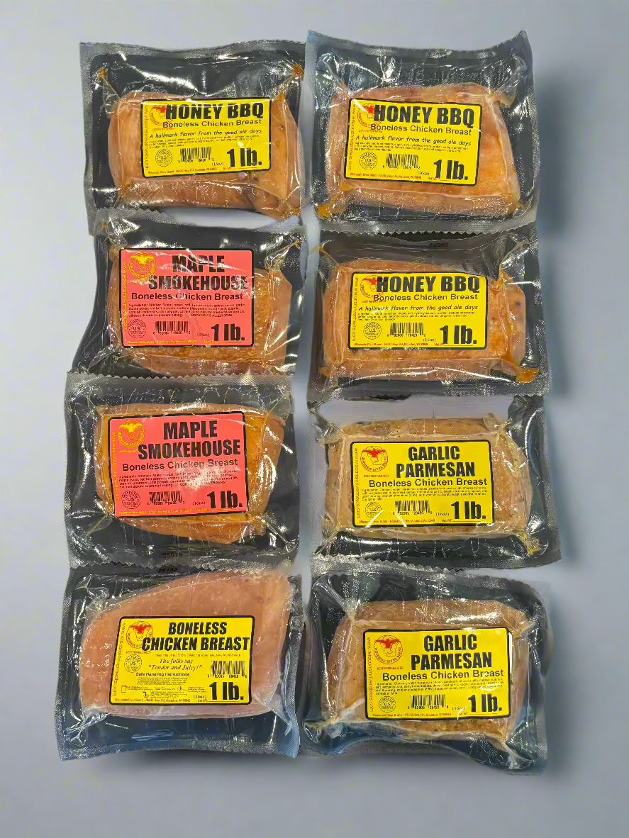 Sweet & Savory Chicken Breast Bundle with assorted marinated flavors, vacuum-sealed for freshness.