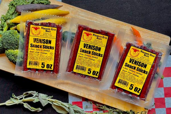 Venison Meat Sticks, high protein low carb deer sausage snacks, shipped in 3 5 oz. pkgs. from Wisconsin River Meats