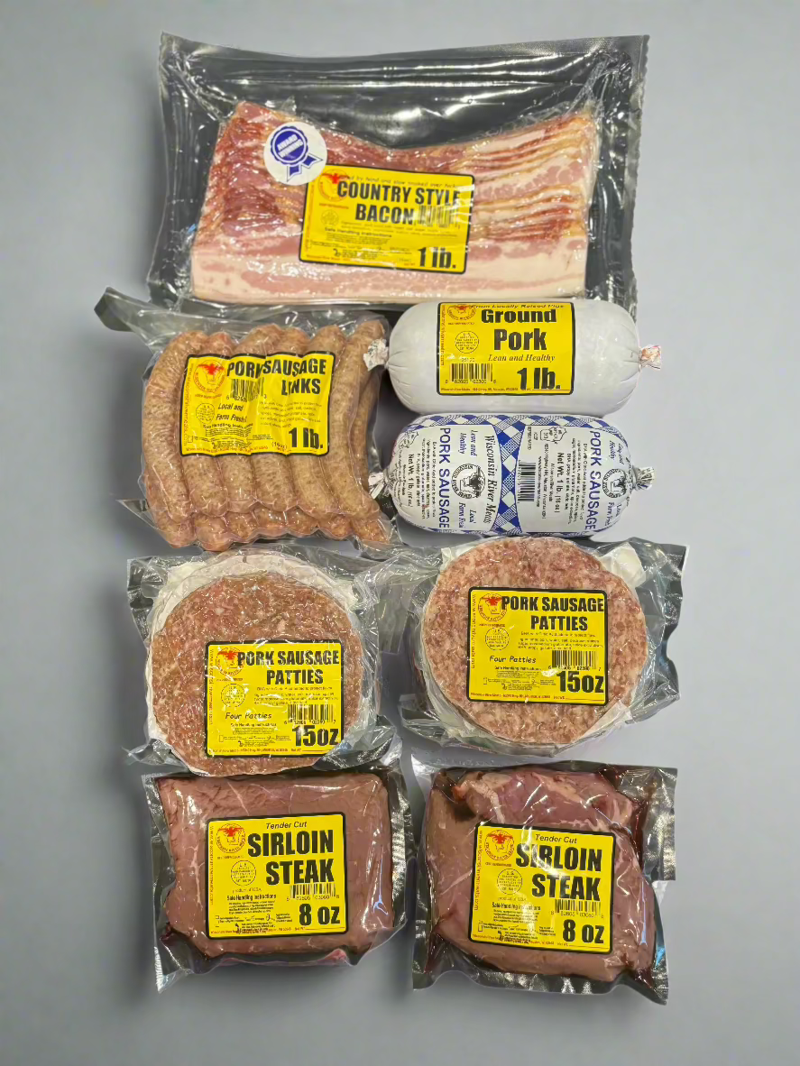 Breakfast Meat Bundle - 7 lbs. of breakfast meats including 6 lbs. of pork sausage (links, ground sausage, ground pork & sausage patties), smoked bacon & sirloin steak