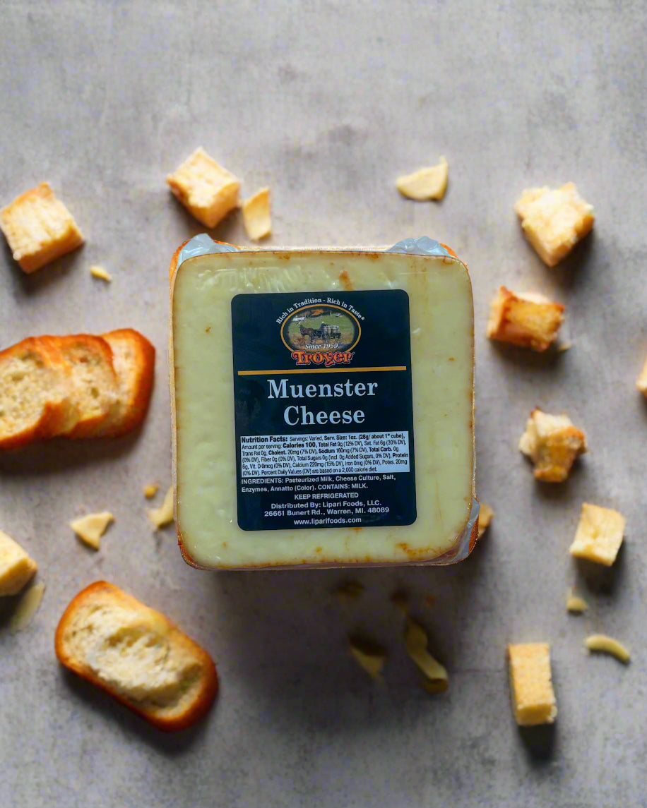 Muenster cheese – smooth, mild cheese with creamy texture and signature orange rind