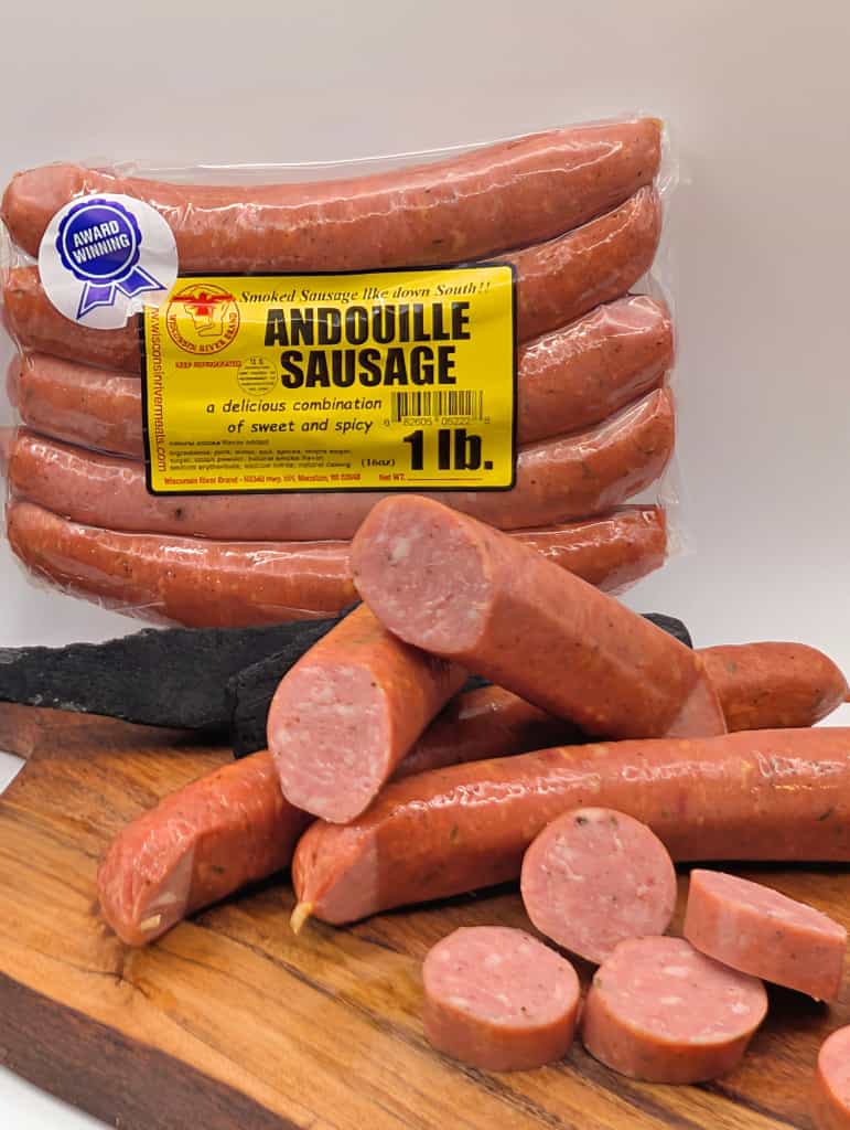 Andouille sausage retail display from Wisconsin River Meats, smoked Cajun style sausage