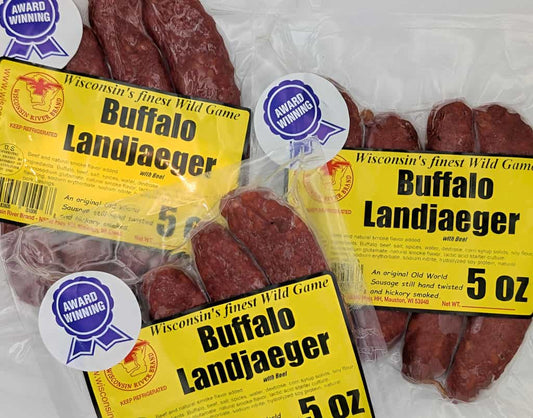 Buffalo landjaeger sausage 3 pack from Wisconsin River Meats, smoked bison snack sticks