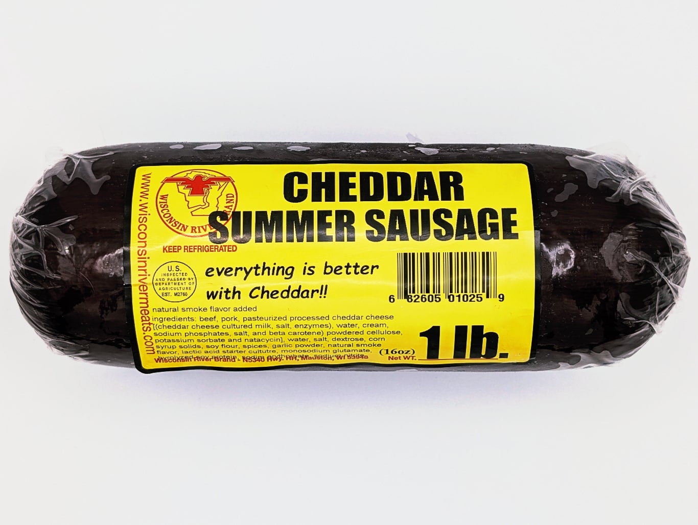 Wisconsin River Meats 1 lb cheddar summer sausage, handcrafted beef sausage with real Wisconsin cheddar cheese
