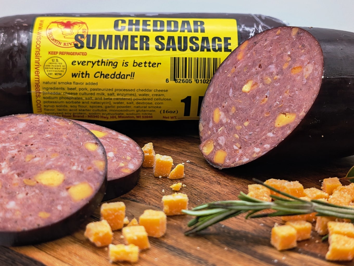Wisconsin River Meats 1 lb cheddar summer sausage, handcrafted beef sausage made with real Wisconsin cheddar cheese