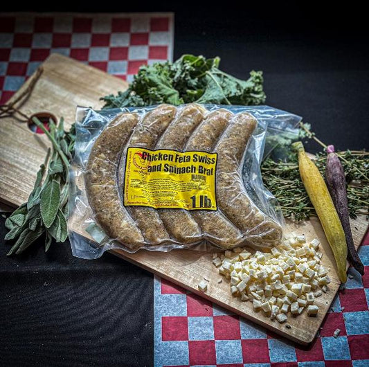 Chicken Bratwurst with Swiss and Feta Cheese from Wisconsin River Meats 