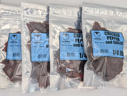 Cracked pepper and garlic beef jerky 1 lb from Wisconsin River Meats, bold savory hardwood smoked beef jerky