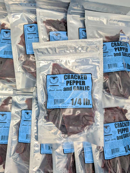 Cracked pepper and garlic beef jerky 3 lb from Wisconsin River Meats, bold savory hardwood smoked beef jerky