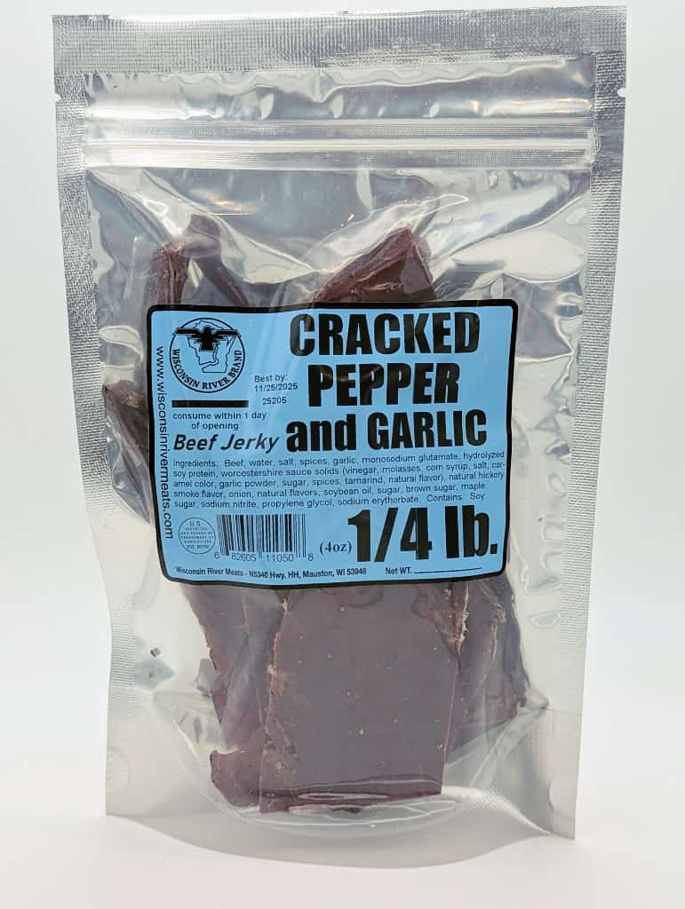 Cracked pepper and garlic beef jerky 4 oz from Wisconsin River Meats, bold savory hardwood smoked beef jerky