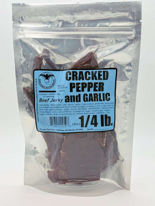 Cracked pepper and garlic beef jerky 4 oz from Wisconsin River Meats, bold savory hardwood smoked beef jerky