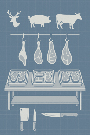 Illustration of deer, pig, and cow meat processing with hanging cuts, packaged steaks, and butcher knives.