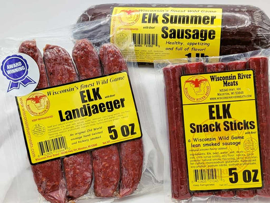 Elk combo gift pack from Wisconsin River Meats featuring smoked elk snacks
