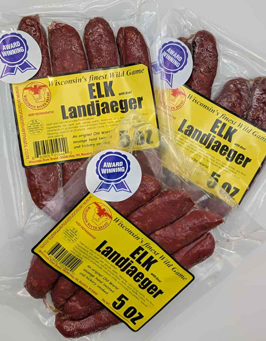 Elk landjaeger sausage 3 pack from Wisconsin River Meats, smoked elk snack sticks