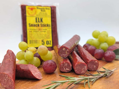 Elk meat snack sticks retail display from Wisconsin River Meats, smoked elk snack sticks