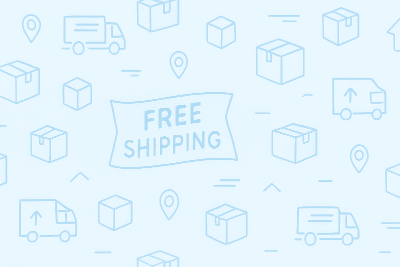 Light blue free shipping graphic featuring delivery trucks, packages, and location pins.