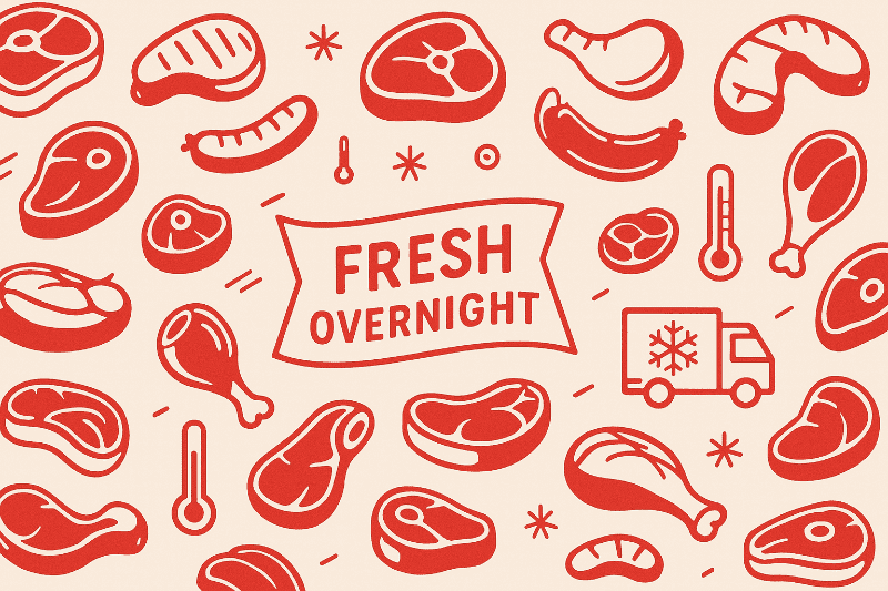 Illustrated fresh overnight meat shipping graphic featuring steaks, sausages, thermometers, and a refrigerated delivery truck.