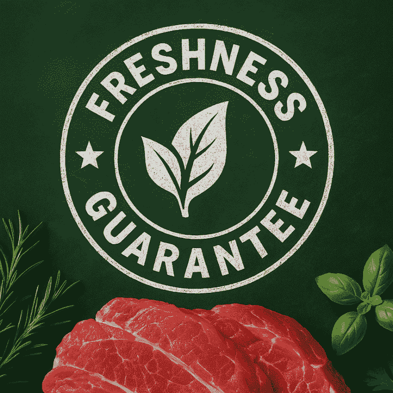 Freshness guarantee badge above raw beef with rosemary and basil on a dark green background.