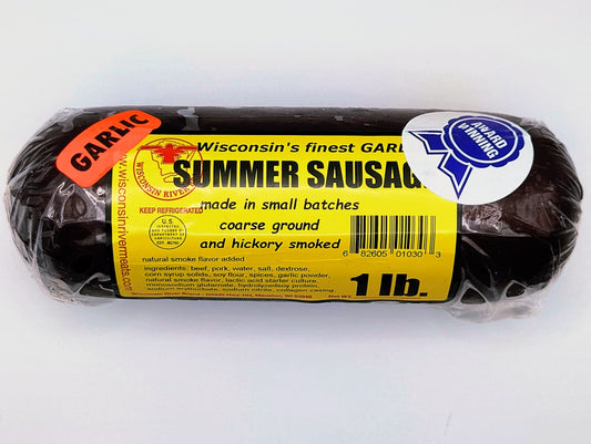 Wisconsin River Meats 1 lb garlic summer sausage, handcrafted beef sausage with bold garlic flavor