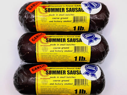 Wisconsin River Meats 3 lb garlic summer sausage, handcrafted beef sausage with bold garlic flavor
