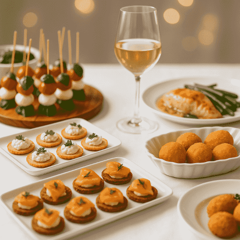 Elegant party spread featuring gourmet meat appetizers, crackers, croquettes, a plated entrée, and a glass of white wine.