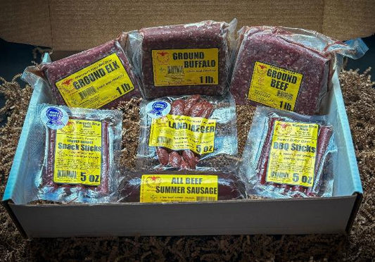  Gym Fuel Gift Box features ground beef, elk & Buffalo, Reg. & BBQ Beef Sticks, Summer Sausage & Landjaeger.