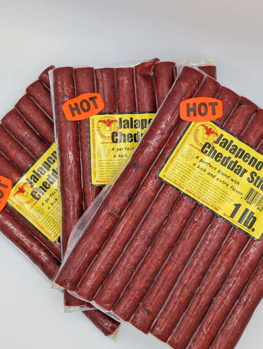 Jalapeño cheddar beef sticks 3 lb from Wisconsin River Meats, smoked beef snack sticks with cheese