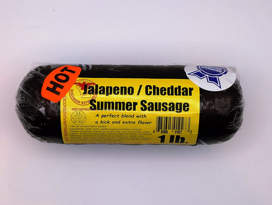 1 lb jalapeño cheddar summer sausage made with premium beef, spicy jalapeños, and real cheddar cheese
