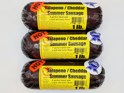 3 lb jalapeño cheddar summer sausage made with premium beef, spicy jalapeños, and real cheddar cheese