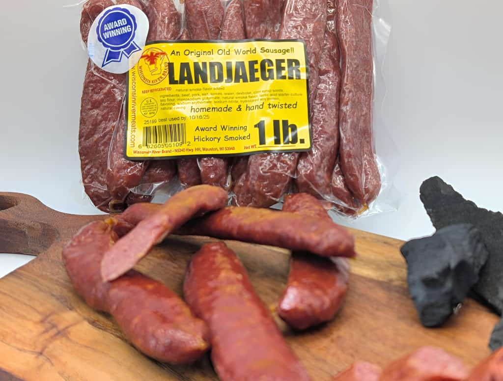 Landjaeger sausage retail display from Wisconsin River Meats, smoked snack sticks