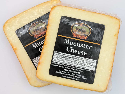 Muenster cheese 2 lb from Wisconsin River Meats, smooth creamy Wisconsin cheese