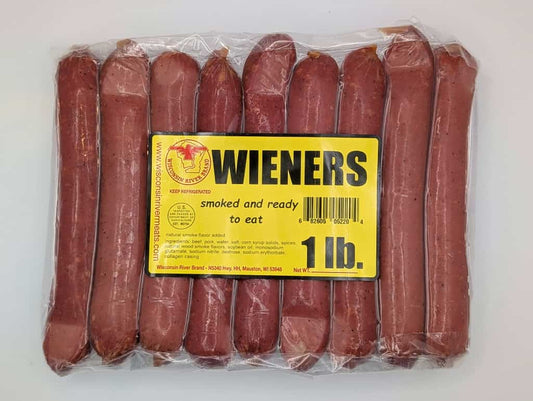 Natural casing wieners 1 lb from Wisconsin River Meats, smoked beef and pork hot dogs