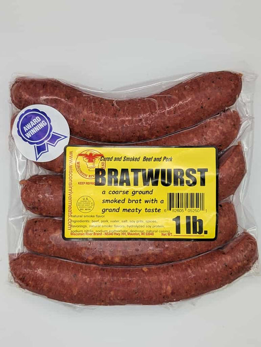 Smoked bratwurst 1 lb from Wisconsin River Meats, classic Wisconsin smoked brat sausage