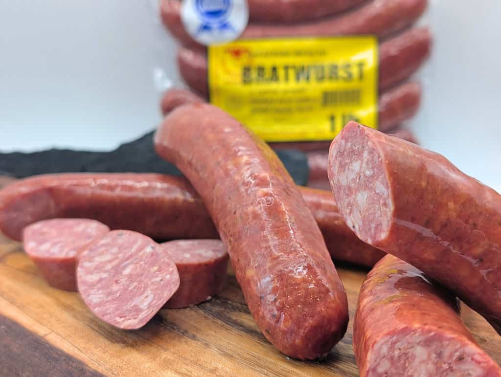 Smoked bratwurst retail display from Wisconsin River Meats, Wisconsin smoked brat sausage