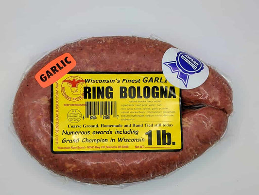 Smoked garlic ring bologna 1 lb from Wisconsin River Meats, traditional smoked bologna sausage