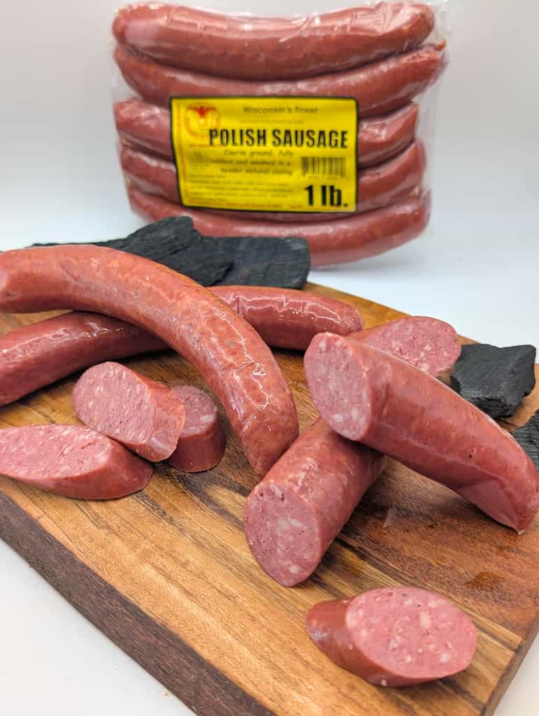 Smoked Polish sausage retail display from Wisconsin River Meats, traditional smoked Polish sausage
