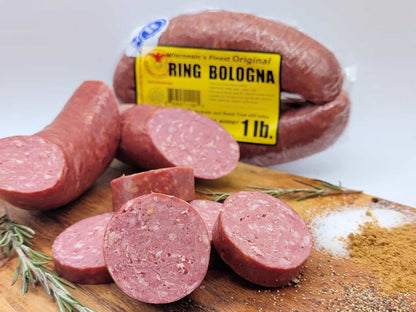 Smoked ring bologna retail display from Wisconsin River Meats, traditional smoked bologna sausage