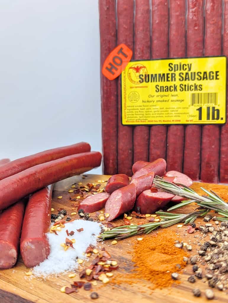Spicy beef sticks retail display from Wisconsin River Meats, smoked beef snack sticks with heat