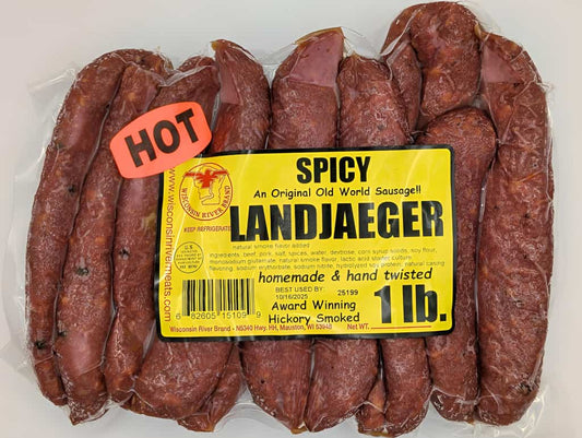Spicy landjaegers sausage 1 lb from Wisconsin River Meats, smoked beef and pork snack sticks