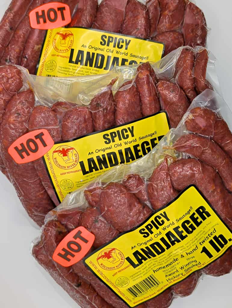 Spicy landjaegers sausage 3 lb from Wisconsin River Meats, smoked beef and pork snack sticks