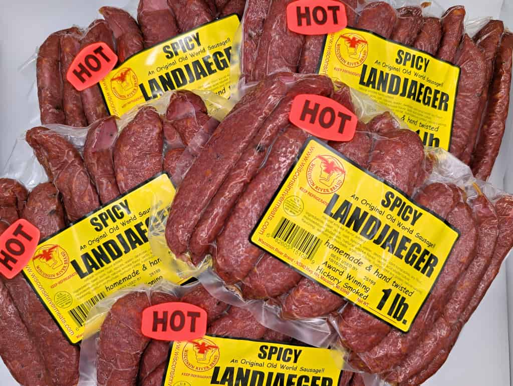 Spicy landjaegers sausage 5 lb from Wisconsin River Meats, smoked beef and pork snack sticks